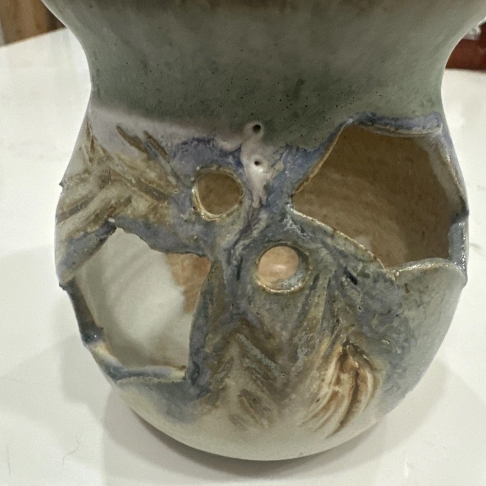 Studio Art Pottery Tea Light Candle Holder Cut Out Holly Leaves Design 3.25”